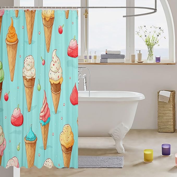 Feelyou Ice Cream Fabric Shower Curtain for Girls Boys Kids Blue Cartoon Bathroom Waterproof Accessories with 12 Hooks Cherry Shower Curtain Yummy Food Curtains,72x78 Inches