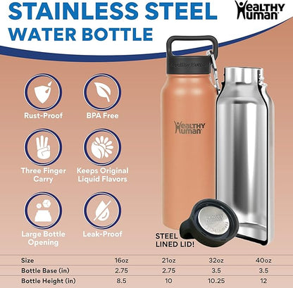 Healthy Human Stainless Steel Water Bottle | Double Walled Vacuum Insulated Water Thermos for Adults | Eco-Friendly Travel Bottles with Leak Proof Lid (Peach, 21 oz/ 621 ML)