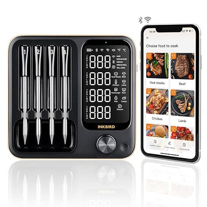 Wireless Meat Thermometer with 4 Probes, Inkbird Wifi Digital Food Thermometer for Turkey Beef Rotisserie Grill Oven,Unlimited Range Dishwasher Waterproof Bluetooth Meat Thermometer for iOS & Android