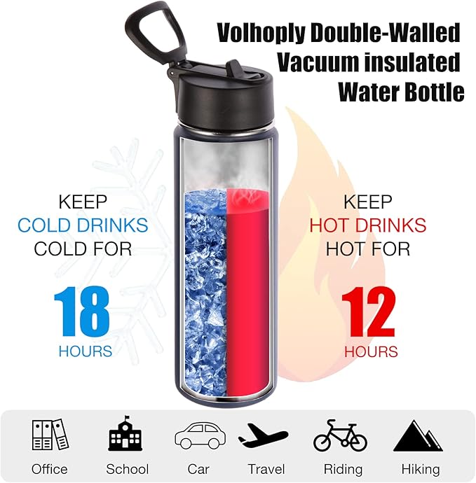 Volhoply 24oz Insulated Water Bottle With Straw Bulk 3 Pack,Metal Wide Mouth Water Bottles With Handle Lid Keep Cold,Reusable Double Wall Thermos,Powder Coated Sport Bottle For Holder(Navy,3 Count)