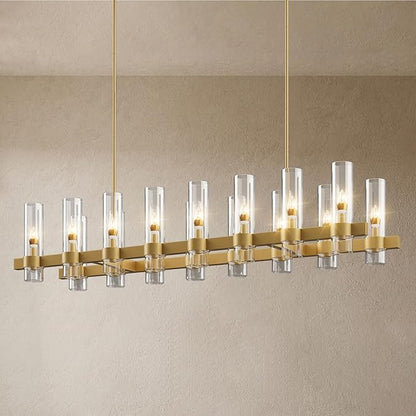 Brass Kitchen Island Lighting- 16-Light Linear Chandelier, Adjustable 54'' Modern Farmhouse Rectangle Pendant Light Fixtures, Dining Room, Bedroom