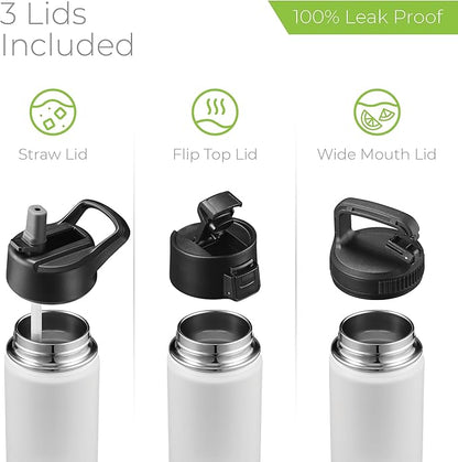 SipX™ Triple-Insulated Stainless Steel Water Bottle 18oz. With 3 Lids, BPA-Free Reusable Insulated Water Bottle Keeps Cold 24 Hours, Metal Water Bottle Made Of Sustainable Material For Hiking & Biking