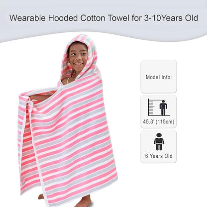 VOOVA & MOVAS Hooded Towels for Kids - 100% Cotton (3-10Years) - Quick Dry Absorbent Lightweight Towel for Pool | Swim | Beach | Bath, Girls Wrap Towel with Hood, Pink Gray Stripe