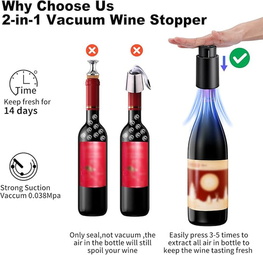Wine Bottle Stoppers，2-in-1 Vacuum Wine Stopper，Reusable Wine Savers, Wine Preserver Vacuum Pump Corks Keep Wine Really Fresh, Best Gift Accessories (1 Pack)