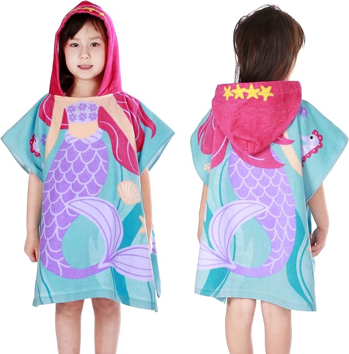 Kids Hooded Beach Bath Towel, Baby Surf Poncho Toddlers Soft Real Cotton Wrap Hooded Towels for Kids Boy Girl