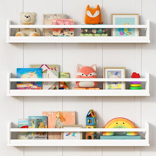 Large Nursery Book Shelves 36 Inches Long Set of 3, Modern Plate Shelf for Wall Display, Floating Shelves with Lip and Clothes Rod for Kids Bedroom Living Room Kitchen Bathroom (White)