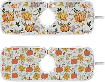 Fall Pumpkin Faucet Sink Mat for Kitchen 2 Pack Autumn Maple Leaves Sunflower Berry Bathroom Drying Mat Absorbent Splash Water Catcher Mats Microfiber Cloth Drip Protector Splash Pad 14x5 Inches