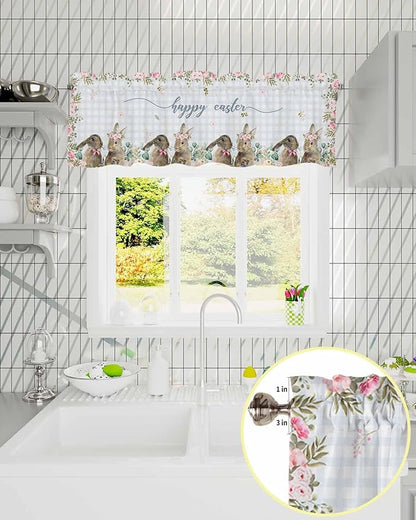 Rabbits Flowers Easter Kitchen Curtains Valances for Windows Eucalyptus Leaf Spring Summer Rod Pocket Window Treatment for Kitchen /Living Room/Bedroom/ Bathroom, 60" X 18", Grey White Buffalo Plaid