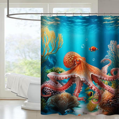 AILONEN Kawaii Octopus Shower Curtain,3D Octopus Turquoise Themed Bath Curtain Cloth Fabric Bathroom 36" W*72" H Inch,12 Pack Hooks for Kids Child,Boho Mandala Ocean Theme Bathroom Curtain