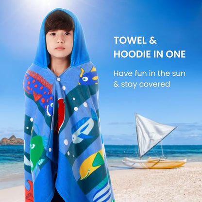 BANGSAUR Kids Hooded Beach Bath Towels, 100% Cotton 50"x30" Wrap Bathrobe, Toddlers Boys 3-12 Years Coverup Towel Ocean Fish N
