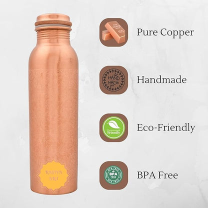 Pure Copper Metal Water Bottle - 32 oz - Indian Handmade Ayurveda Healing Drinking Water Bottle for Travel, Hiking, Gym, Office, Outdoor - Glossy Etching