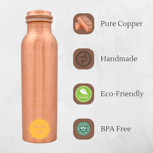 Pure Copper Metal Water Bottle - 32 oz - Indian Handmade Ayurveda Healing Drinking Water Bottle for Travel, Hiking, Gym, Office, Outdoor - Glossy Etching