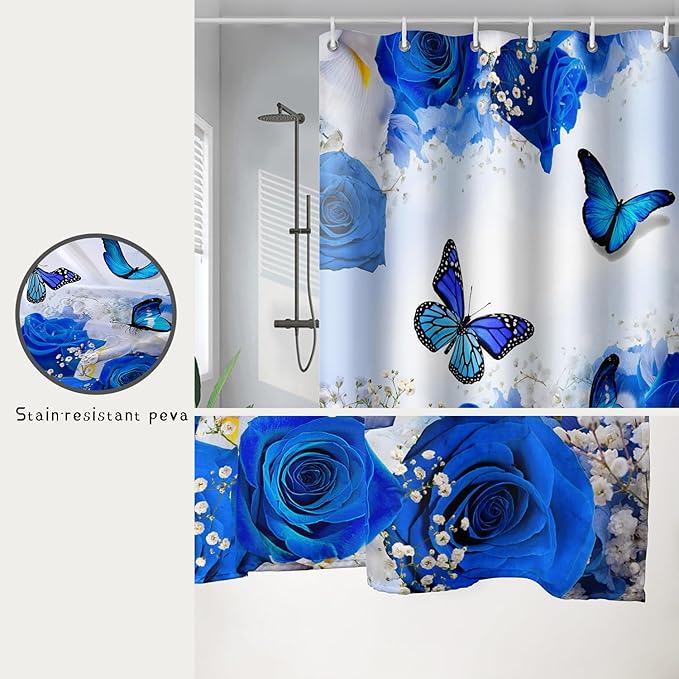 AILONEN Butterfly Shower Curtain for Girl Women,Blue Rose Shower Curtain Butterfly Floral Decor Bath Curtain 72" W*96" H Polyester Fabric Waterproof Bathroom Bathtub Curtain with 12 Hooks