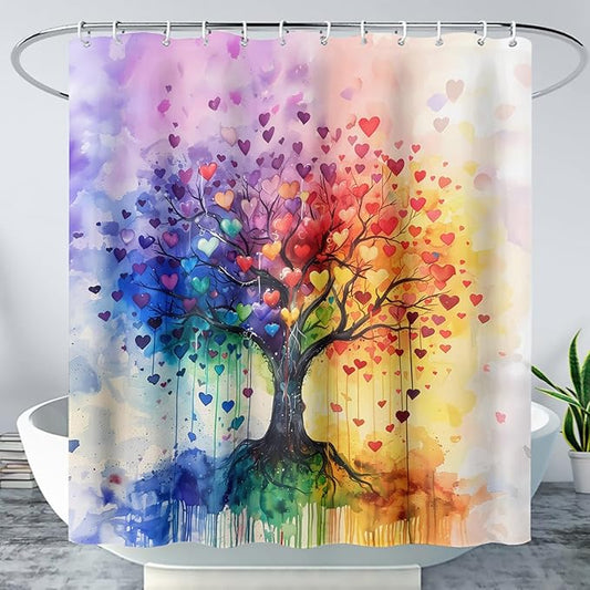 AILONEN Tree of Life Shower Curtain for Bathroom,Watercolor Hearts Tree Printed Waterproof Bath Curtain,Colorful Tree Leaves of Life Abstract Boho Shower Curtain 72" W x 96" H