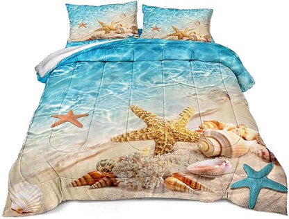 Bedbay California King Comforter Set Beach Comforter Set Starfish Marine Life Turquoise Ocean Bedding Comforter Set California King Soft Microfiber Beach Bed Comforter4 Pcs(104" Wx96 L)
