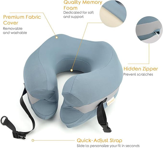 Travel Neck Pillow Premium Memory Foam, Head Support, Comfortable and Soft for Flight and Trip. Airplane Traveling Kit with Contoured Eye Mask, Triple Layer Earplug, and Travel Bag (Ice Blue)