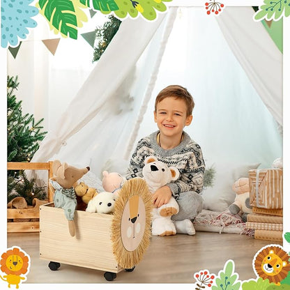 Kids Toy Box Storage Wooden Toy Chest Toy Organizers for Boys Girls Toy Box with Wheels 16x 10 x 10 Inch Lion Toy Storage Organizer Nursery Decor for Bedroom Living Room Easy Assembly