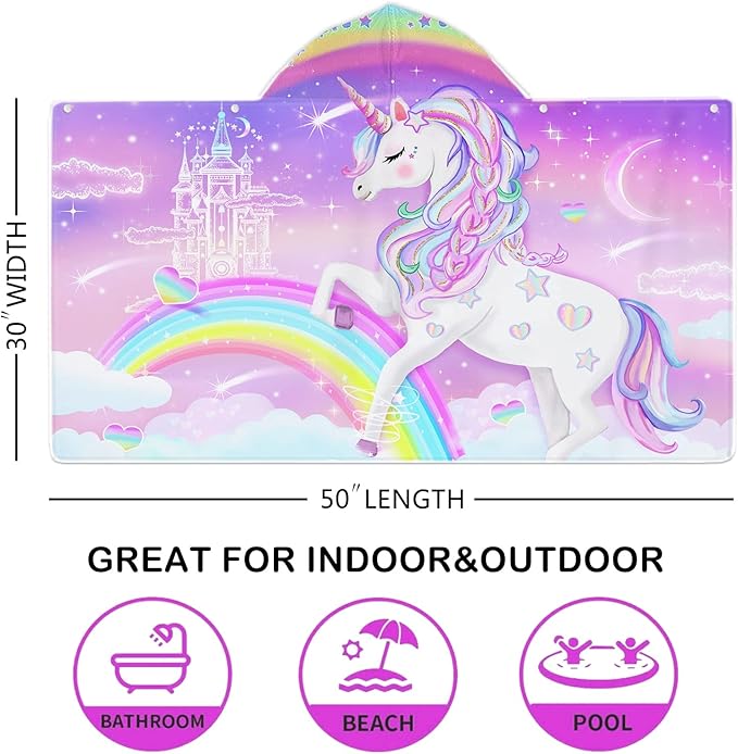 Unicorn Beach Towel, Unicorn Towel for Girls with Hood, Rainbow Unicorn Hooded Towel for Kids 30" x 50", Cute Cartoon Microfiber Absorbent Soft Bath Towel Poncho Bathrobe for Swin Pool
