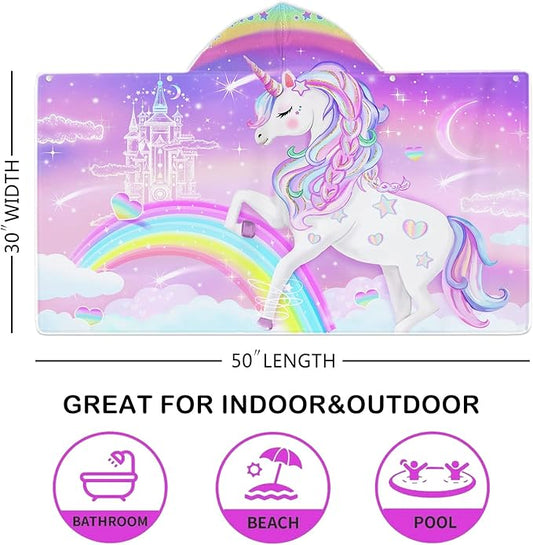 Unicorn Beach Towel, Unicorn Towel for Girls with Hood, Rainbow Unicorn Hooded Towel for Kids 30" x 50", Cute Cartoon Microfiber Absorbent Soft Bath Towel Poncho Bathrobe for Swin Pool