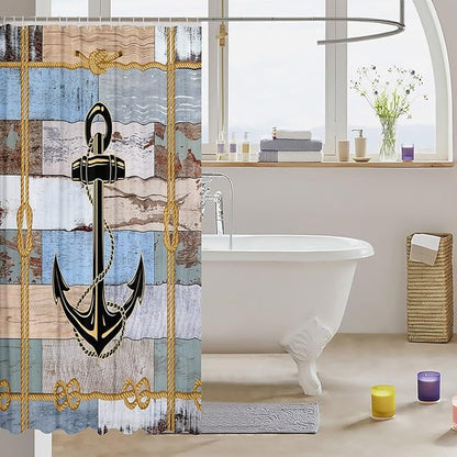 Feelyou Anchor Nautical Shower Curtain Vintage Plank Blue Brown Fabric Shower Curtain for Kids Ocean Themed Bathroom Waterproof Accessories with 12 Hooks Geometric Stripe Curtains,72X84 Inches