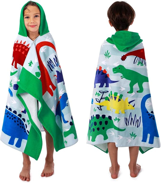 Wowelife Kids Beach Towels, Hooded Towels for Kids, Dinosaur Poncho Towel Wrap, Premium 100% Cotton Soft and Breathable, Extra Large 50"x30", Multi Use for Bath Pool Beach Swim Bathroom