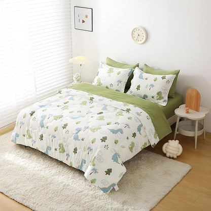 Wajade Kids Dinosaurs Comforter Set Bed in A Bag Twin Size 7 Piece Cute Green Dinosaur Jungle Bedding Set for Girls Boys (1 Comforter, 1 Flat Sheet, 1 Fitted Sheet, 2 Pillowcase and 2 Pillow Sham)
