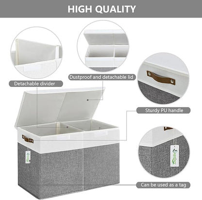 Large Toy Storage Box with Lids, Collapsible Sturdy Baby Storage Organizer Chest Bin Basket for Kids, Boys, Girls, Playroom, Nursery, Bedroom, Closet 25"x13"x16" (Gray and White)