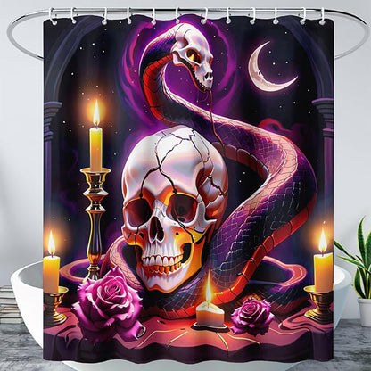 AILONEN Gothic Skull Shower Curtain for Bathroom,Terror Snake Skull Bath Curtain Decoration,Starry Skull Skeleton Print Waterproof Purple Curtain with 12 Plastic Hooks, 72" W*72" H