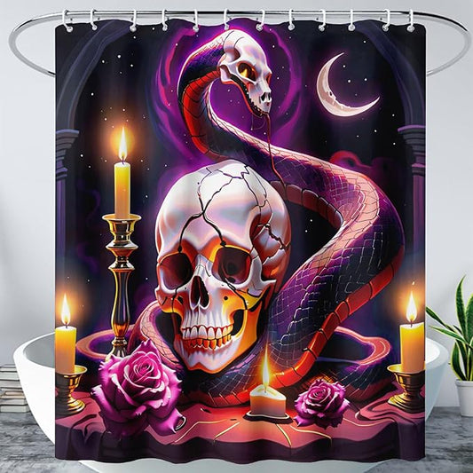 AILONEN Gothic Skull Shower Curtain for Bathroom,Terror Snake Skull Bath Curtain Decoration,Starry Skull Skeleton Print Waterproof Purple Curtain with 12 Plastic Hooks, 72" W*72" H
