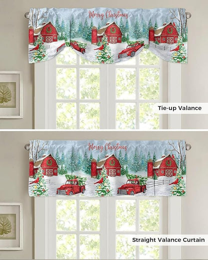 Red Truck Christmas Blackout Tie Up Valance Curtains for Kitchen Windows Merry Christmas Farmhouse Window Toppers Balloon Shades for Living Room/Bathroom/Bedroom,1 Panel, 42" X 18", Winter Xmas Tree
