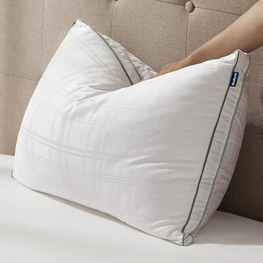 Bedsure Luxury Goose Feathers Down Pillow - 300 Thread Count Cotton Cover Gusseted Hotel Collection Bed Queen Pillow, Ultra-Soft High Elasticity Sorona Fiber Layer Pillows (1, Green, King)