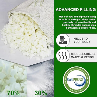 JJDANFILL Rayon Derived from Bamboo Pillow for Sleeping, Shredded Memory Foam Pillow Queen Size Set of 2, Adjustable Cooling Bed Pillow for Side Back Stomach Sleeper with A Washable Cover 20x30