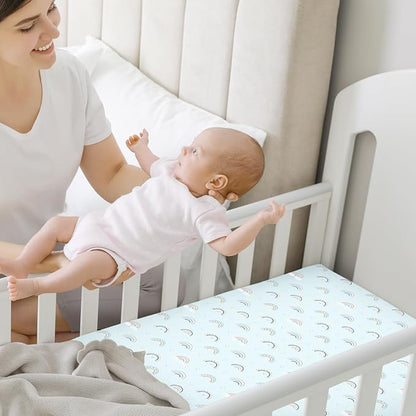 2-Pack Mini Crib Sheets Fitted, Pack and Play Sheets - Organic Cotton Pack N Play Sheets for Pack and Play Mattress, Playard Baby Crib Sheets, Jersey Crib Sheets Neutral for Boys (Jolly Rainbow)