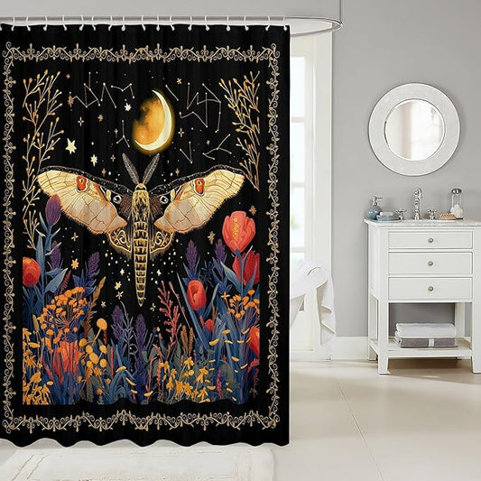 Feelyou Boho Golden Butterfly Fabric Shower Curtain Bohemian Moth Shower Curtain for Kids Moon Galaxy Black Bathroom Waterproof Accessories with 12 Hooks Flower Weed Botanical Curtains,72X72 Inches
