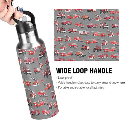 Fire Truck Stainless Steel Water Bottle with Straw Lid - 20 Oz Sports Insulated Water Bottle Thermos for Sport Gym Outdoor Travel School (DZ006)