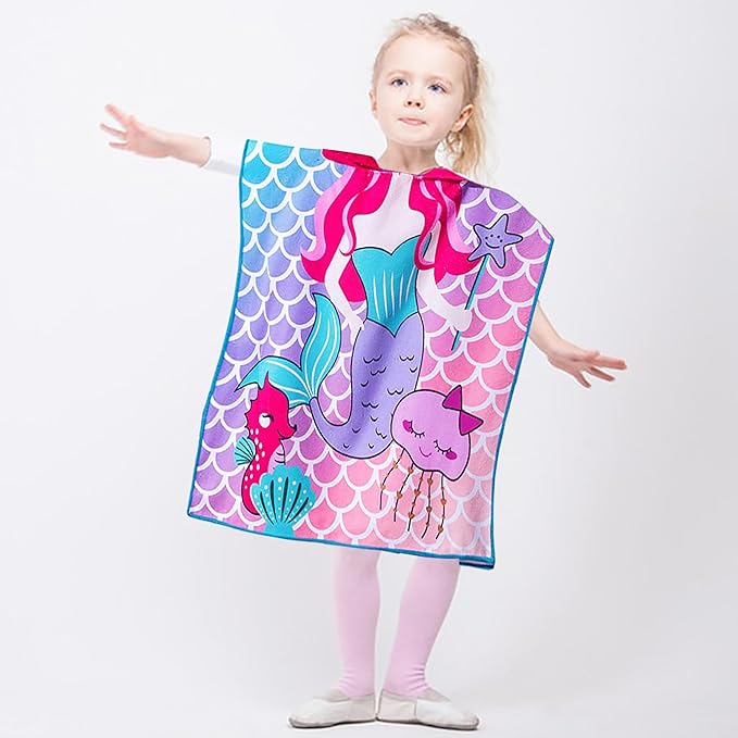 Mermaid Toddler Bath Beach Towel with Hood for Girls Ages 2-4 Years Kids Bath Towel Hooded Pool Towel Microfiber Absorbent Swim Cover Up Poncho Towel 24" x 24"