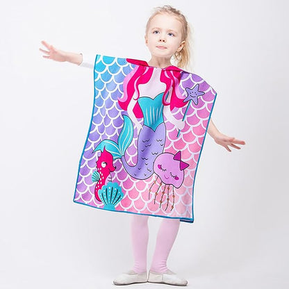 Mermaid Toddler Bath Beach Towel with Hood for Girls Ages 2-4 Years Kids Bath Towel Hooded Pool Towel Microfiber Absorbent Swim Cover Up Poncho Towel 24" x 24"