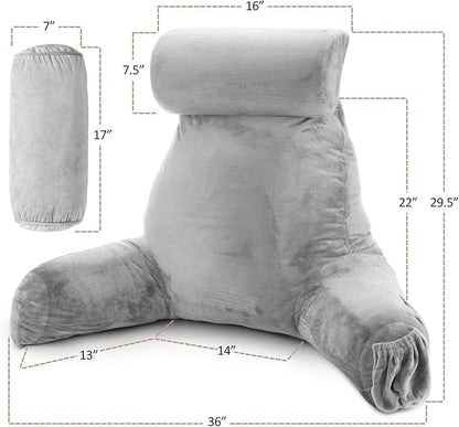 Nestl Reading Pillow Large Bed Pillow, Back Pillow for Sitting in Bed Shredded Memory Foam Chair Pillow, Reading & Bed Rest Pillows Light Grey Back Pillow for Bed, Bed Chair Arm Pillow with Pockets