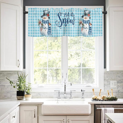 Snowman Christmas Valance Curtains for Kitchen Windows Let It Snow Winter Holiday Rod Pocket Window Treatment Toppers for Kitchen/Living Room/Bedroom/Bathroom, 60" X 18", Blue White Buffalo Plaid