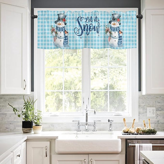 Snowman Christmas Valance Curtains for Kitchen Windows Let It Snow Winter Holiday Rod Pocket Window Treatment Toppers for Kitchen/Living Room/Bedroom/Bathroom, 60" X 18", Blue White Buffalo Plaid