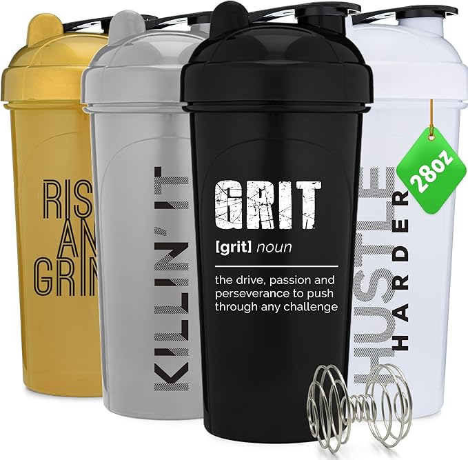 GOMOYO [4 Pack] 28 Ounce Shaker Bottle with Motivational Quotes | Protein Bottle with Mixer Agitators | Blender Shaker Bottle for Protein Mixes Pack | BPA Free & Dishwasher Safe