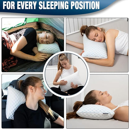 Cooling Shredded Memory Foam Pillow for Travel and Camping – Adjustable Gel for Personalized Support – Double-Sided Ice Silk & Soft Rayon – Lightweight, Compressible