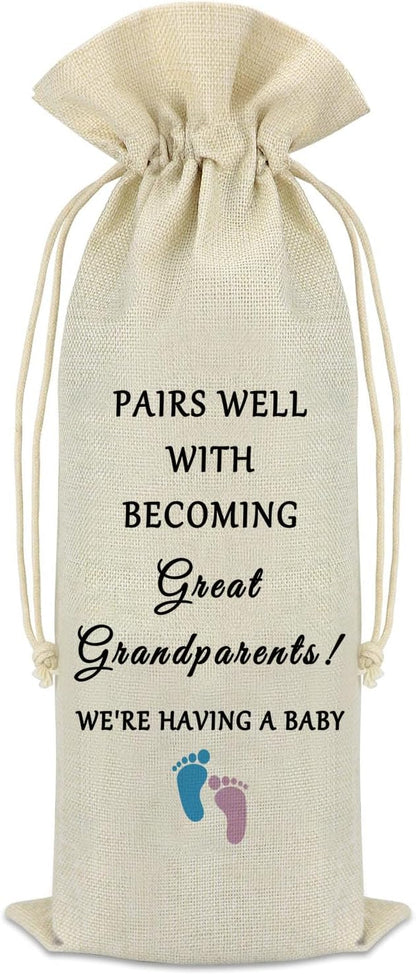 Pregnancy Announcement Gifts for Grandparents Wine Bag Promoted To Grandparents Gift Grandparents Baby Announcement Gifts Promoted To Grandma Grandpa Pregnancy Reveal Gift Drawstring Burlap Wine Bag