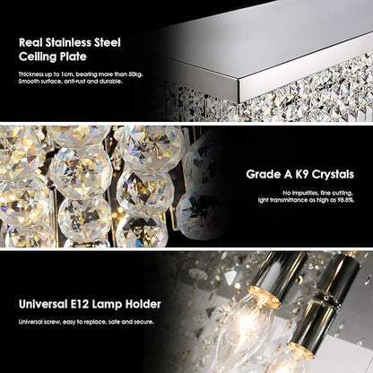 Siljoy Modern Crystal Chandelier 6-Lights Rectangular Flush Mount Pendant Ceiling Light Fixture Rectangle K9 Crystal Raindrop Chandelier for Dining Living Room Kitchen Island L31.5'' x W10'' x H10'