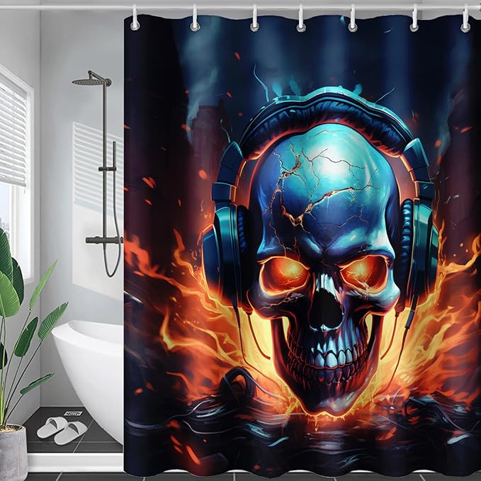 AILONEN Headset Skull Shower Curtain,Hip Hop Skeleton Fire Skull Bath Curtain,Cool Skull Decoration Bathroom Curtain with 12 Plastic Hooks,Waterproof 72" W*78" H