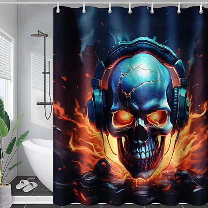 AILONEN Headset Skull Shower Curtain,Hip Hop Skeleton Fire Skull Bath Curtain,Cool Skull Decoration Bathroom Curtain with 12 Plastic Hooks,Waterproof 72" W*78" H