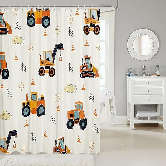 Feelyou Excavator Bathroom Shower Curtain Set Construction Vehicles Boys Girls Bath Curtain Cartoon Car Shower Curtain Equipment Trucks Kids Bathroom Accessories 72"x84"