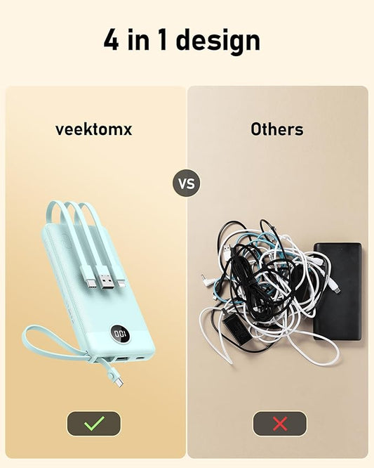 VEEKTOMX Portable Charger with Built-in Cables - 10000mAh Power Bank for iPhone - Slim Fast Charge USB C Battery Pack - Small Travel Essentials Powerbank, Compatible with iPhone, Samsung, Android, etc