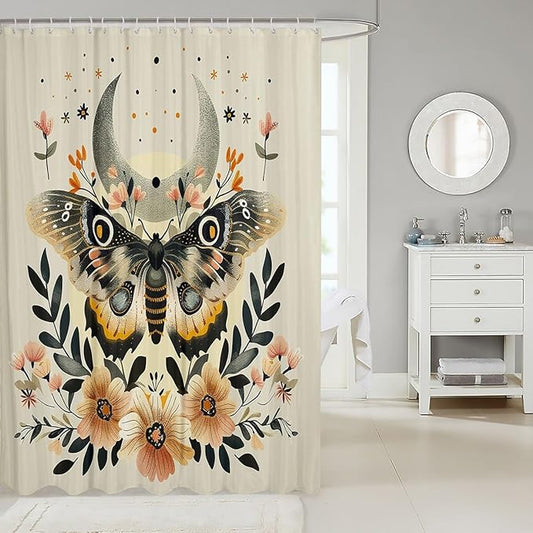 Feelyou Butterfly Fabric Shower Curtain Bohemian Moth Shower Curtain for Kids Boys Girls Moon Galaxy Bathroom Waterproof Accessories with 12 Hooks Flower Weed Botanical Curtains,72X72 Inches
