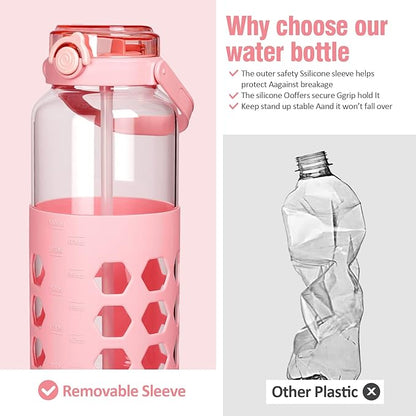 MUKOKO Half Gallon/64 oz Glass Water Bottles with Straw and Lid,Motivational Water Jug with Time Marker Reminder and Silicone Sleeve,100% Leakproof BPA Free Fitness Sports Large Bottle-Pink